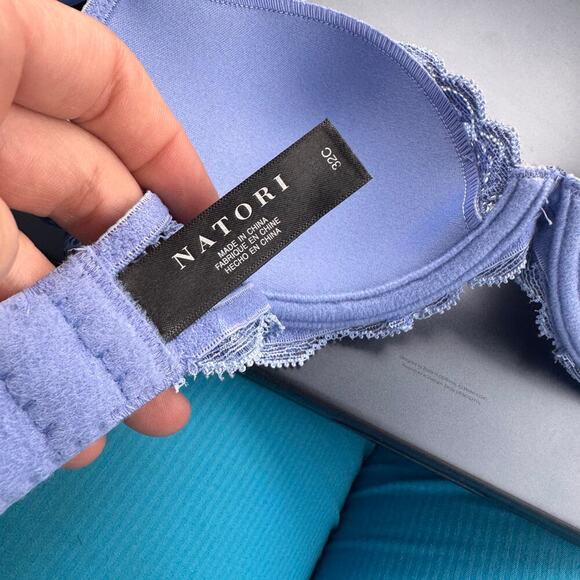 NWT natori bra 32C Feathers Lace Contour Underwire Plunge Bra smoky iris dolphin - Picture 7 of 10